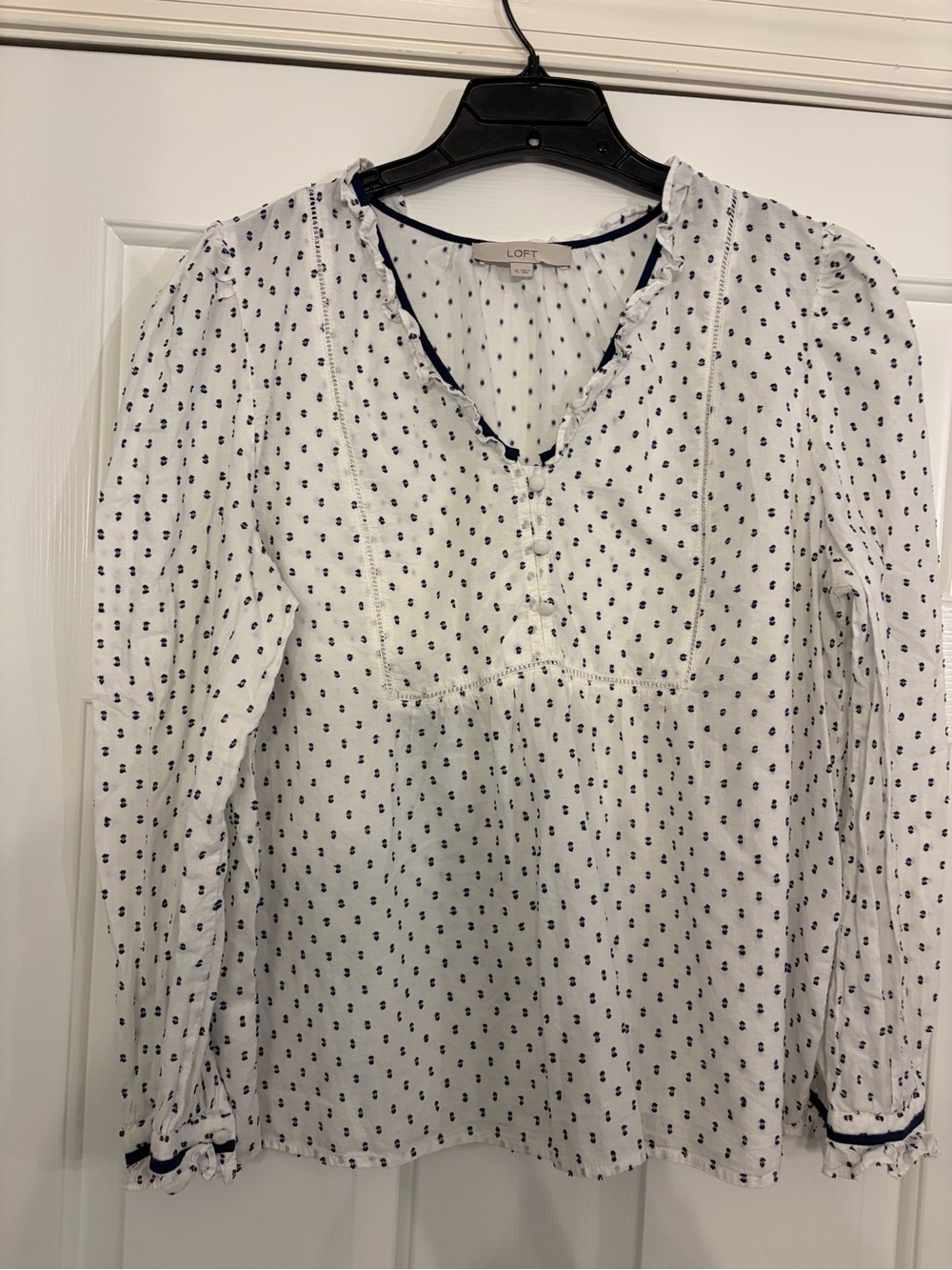 LOFT White Blouse with Navy Micro Print and Ruffle Trim
